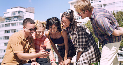 Buy stock photo Streaming, smile or university students in town with phone, funny video or bonding in social media scroll. Friends, app browse or people with tech, meme reaction or shared laugh at college post.