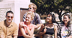 Group, people and college students on campus outdoor for university, opportunity and confidence. Relax, study break and happy friends in park for learning with knowledge, education and scholarship