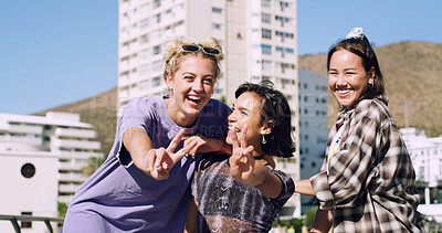 Buy stock photo Portrait, people or students in city with peace sign, bonding together and support for college education. Happy, women and university friends in urban town with diversity, v gesture and spring break.