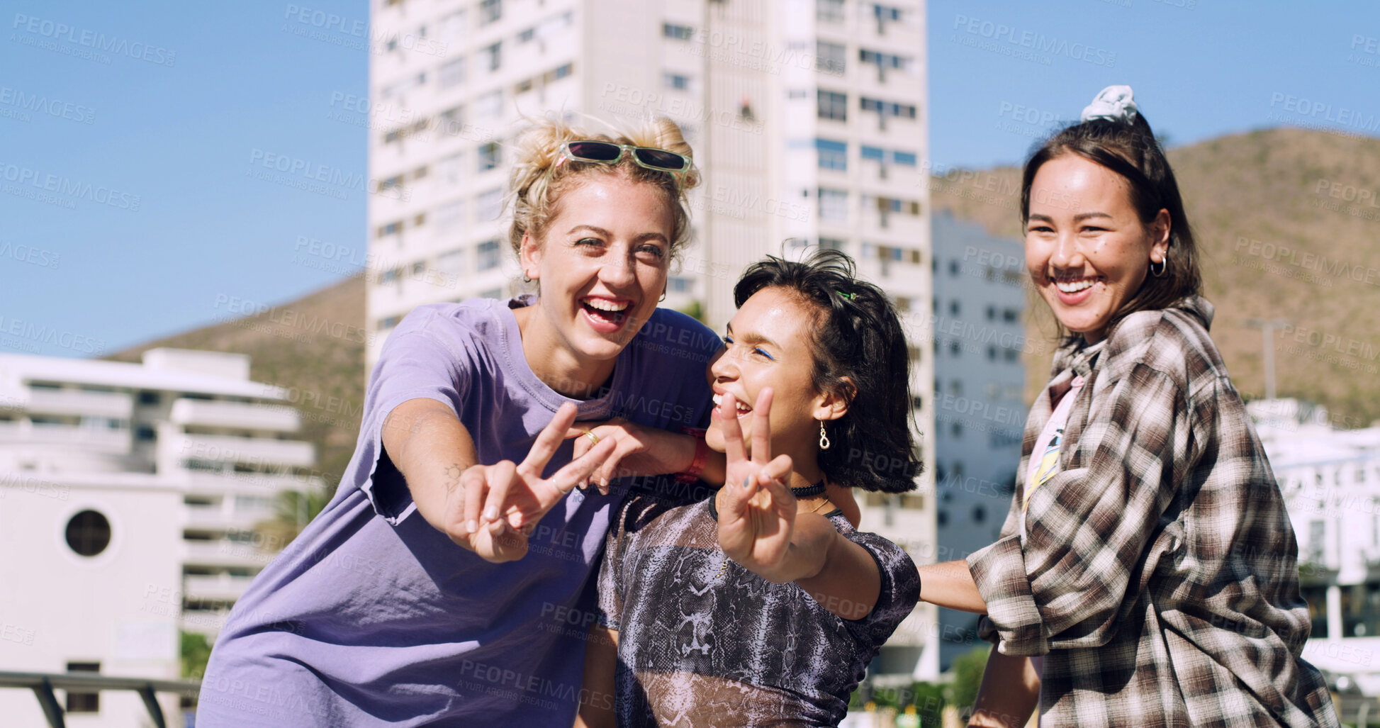 Buy stock photo Portrait, people or students in city with peace sign, bonding together and support for college education. Happy, women and university friends in urban town with diversity, v gesture and spring break.