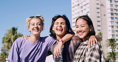 Buy stock photo Portrait, women or students in city with hug, bonding together and support for college education. Happy, people and university friends embrace in urban town with diversity, weekend break and hangout.