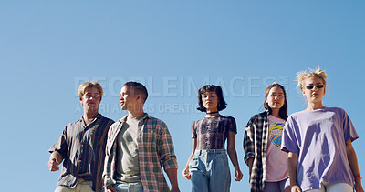 Buy stock photo Gen z, group and urban fashion on blue sky with confidence, streetwear and outdoor for relax or bonding. Friends, people and together with attitude, trendy style and casual outfit with diversity