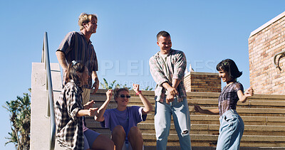 Buy stock photo Dance, energy and friends on stairs in city with hip hop routine, practice or bonding. Happy people, freedom and dancers with freestyle, groove or choreography outdoor with rhythm in urban town