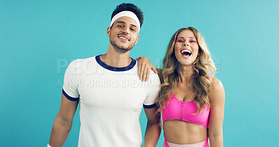 Buy stock photo Portrait, happy and couple in studio for aerobics, fashion and excited or laughing together. Confident, stylish and dancer people with fitness clothes, retro and aesthetic on a blue background