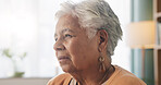 Relax, retirement and thinking with senior woman in home living room for memories or nostalgia. Break, reflection and remember with old person in lounge of apartment for contemplation or ideas