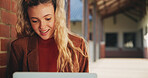 Laptop, education and woman at university for research on scholarship, curriculum or learning. Happy, computer and female student with email for college exam, test or assessment results on campus.
