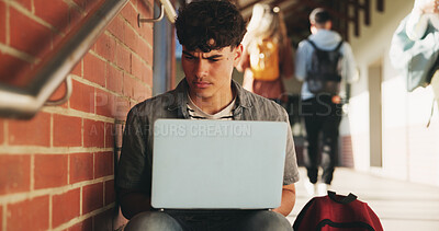 Buy stock photo Laptop, confused and man at university for research on scholarship, curriculum or learning. Doubt, computer and male student with email for bad exam, test or education results on college campus.