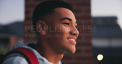 Buy stock photo Outdoor, smile and thinking with teen student on campus for development or growth. Education, future and inspiration with happy person at high school for academics, knowledge or study in morning