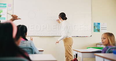 Buy stock photo Students, teacher or woman with writing on whiteboard, addition lesson or math syllabus for learning. Teaching, education or educator with class for problem solving, knowledge or elementary school