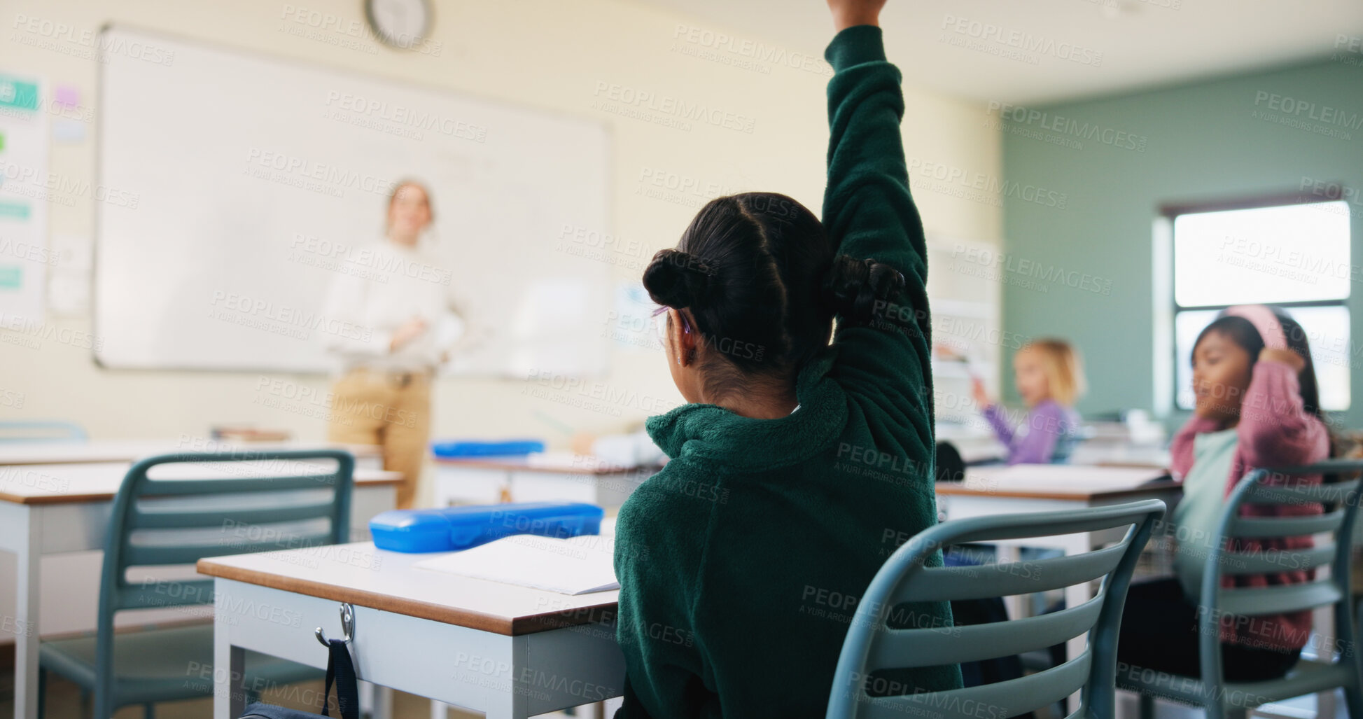 Buy stock photo Question, students and child with teacher in classroom, learning and knowledge quiz for education. Lesson participation, educator or girl with answer for academic growth, subject engagement or school