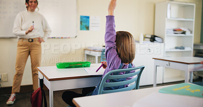 Buy stock photo Question, student and child with teacher in class, learning and lesson participation for education. Knowledge quiz, educator and girl with answer for academic growth, subject engagement and school