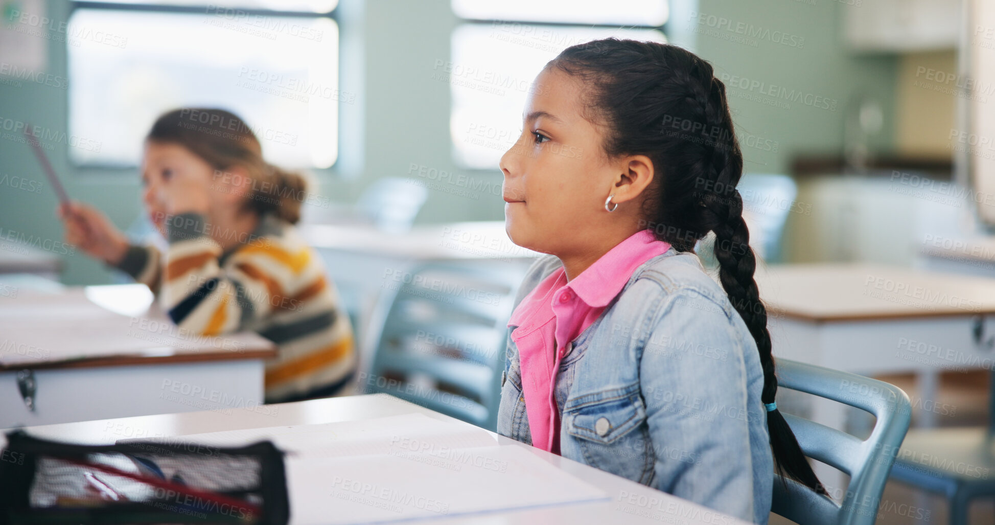 Buy stock photo Child, learning and lesson in classroom, education and listening to teacher for academic development. Elementary school, students and kids with cognitive growth, knowledge and assessment explanation