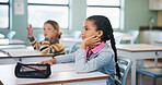 Child, learning and lesson in classroom, knowledge and listening to teacher for academic development. Elementary school, students and kids with cognitive growth, education and assessment explanation