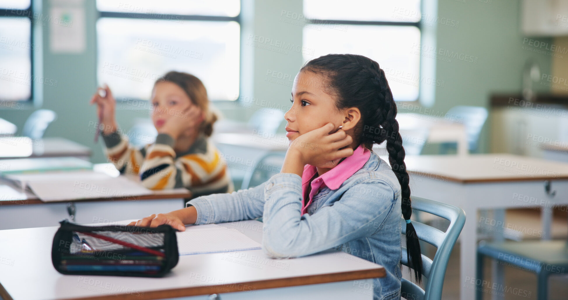 Buy stock photo Child, learning and lesson in classroom, knowledge and listening to teacher for academic development. Elementary school, students and kids with cognitive growth, education and assessment explanation