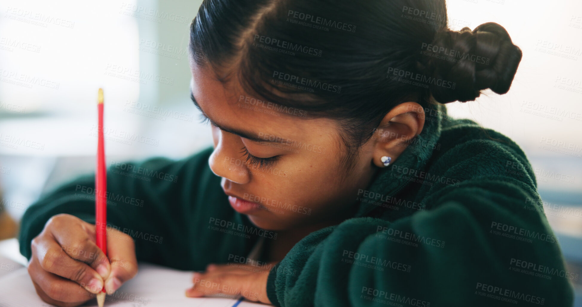 Buy stock photo Writing, learning and quiz with girl in classroom for test, child development and knowledge. Education, notebook and lesson with student on school campus for assessment, curriculum and study course