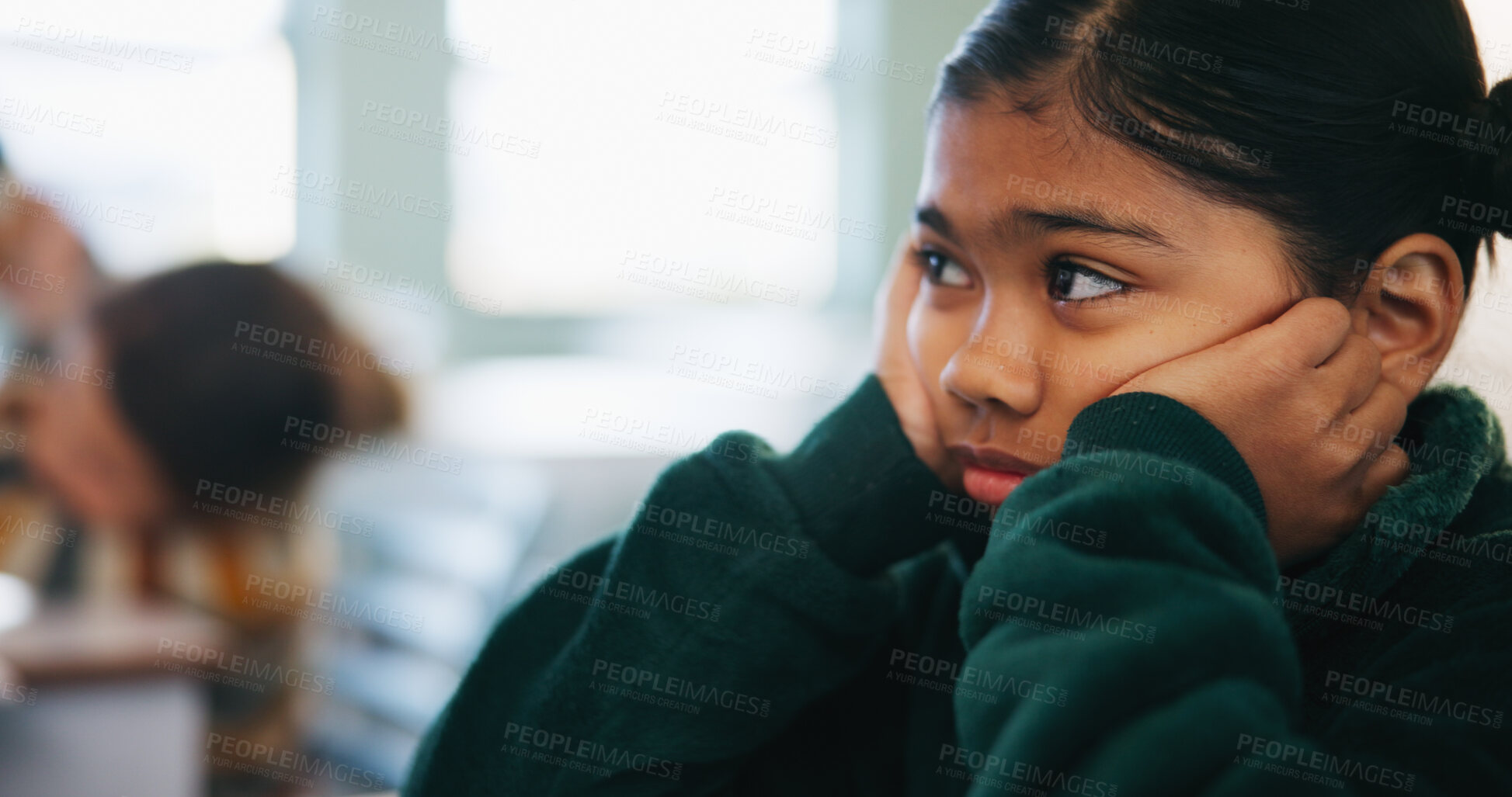 Buy stock photo Bored, learning and kid thinking in classroom for course, development and knowledge at school. Tired, child and girl in elementary for education with reflection, idea or distracted student at lesson