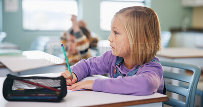 Buy stock photo Writing, learning and exam with girl in classroom for test, child development and knowledge. Education, notebook and lesson with student on school campus for assessment, curriculum and study course