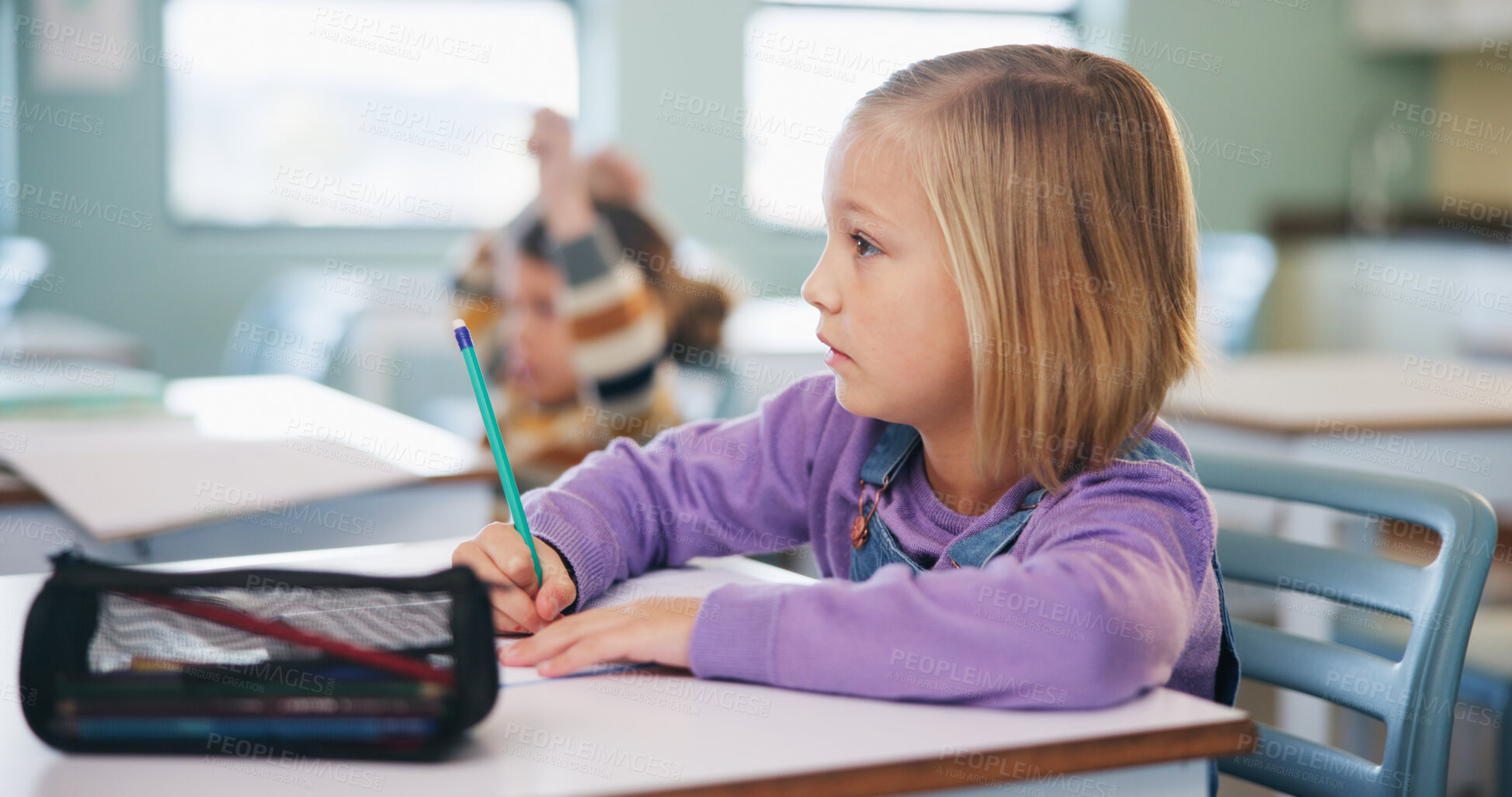 Buy stock photo Writing, learning and exam with girl in classroom for test, child development and knowledge. Education, notebook and lesson with student on school campus for assessment, curriculum and study course