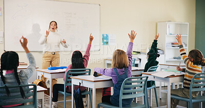Buy stock photo Question, students and children with teacher in class, learning and lesson participation for education. Knowledge quiz, educator or kids with answer for academic growth, subject engagement or school