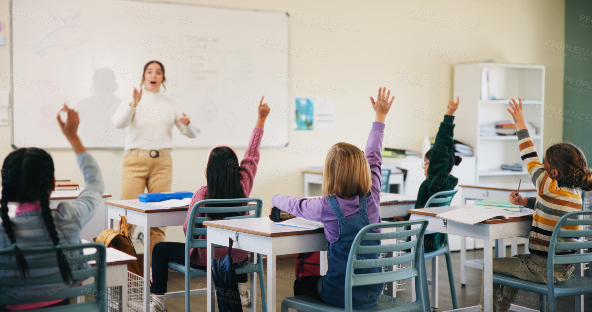 Buy stock photo Question, students and children with teacher in class, learning and lesson participation for education. Knowledge quiz, educator or kids with answer for academic growth, subject engagement or school