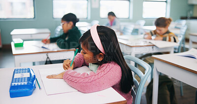 Buy stock photo Writing, learning and exam with kids in classroom for test, child development and knowledge. Education, notebook and lesson with students on school campus for assessment, curriculum and study course