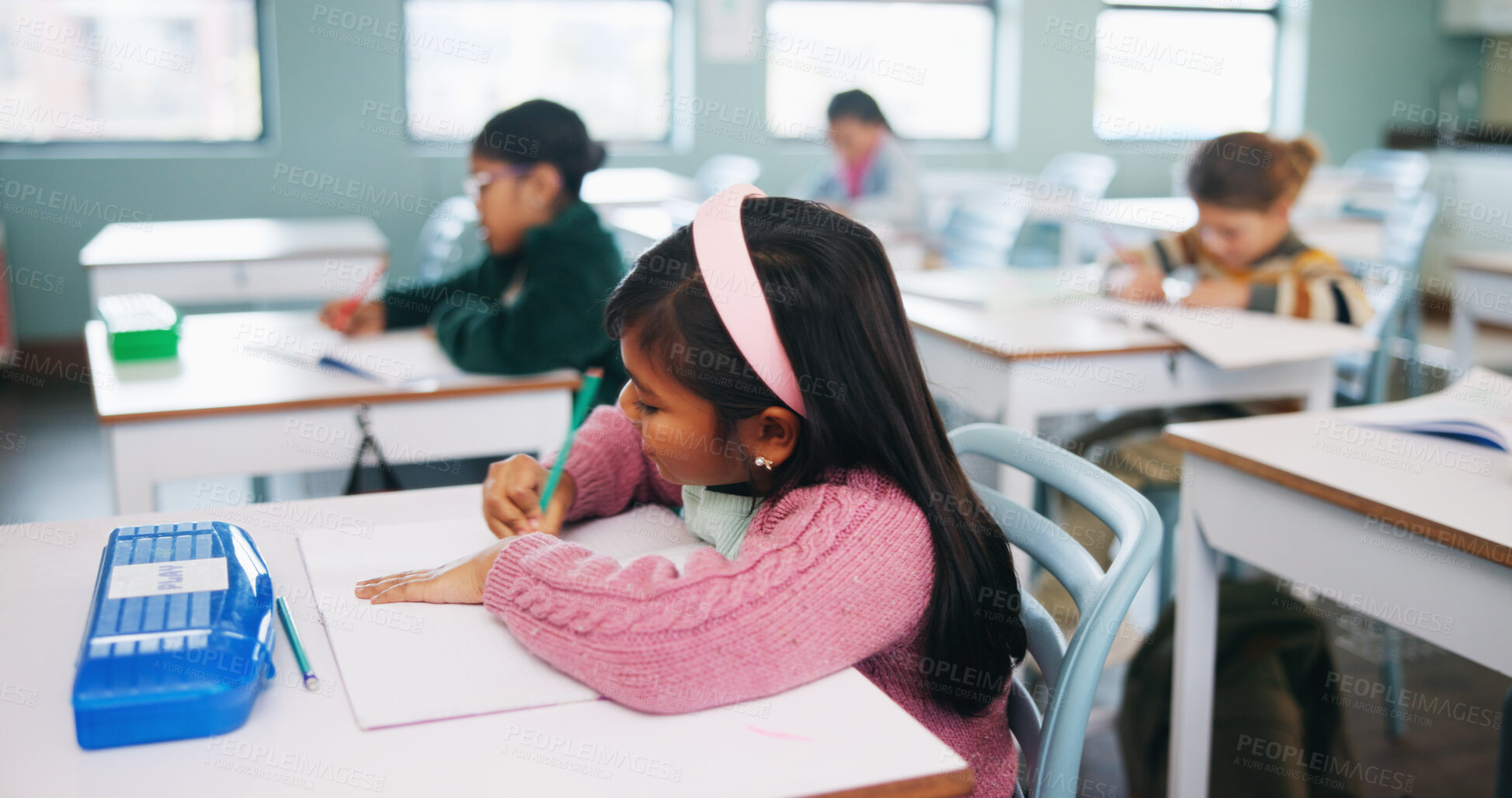 Buy stock photo Writing, learning and exam with kids in classroom for test, child development and knowledge. Education, notebook and lesson with students on school campus for assessment, curriculum and study course
