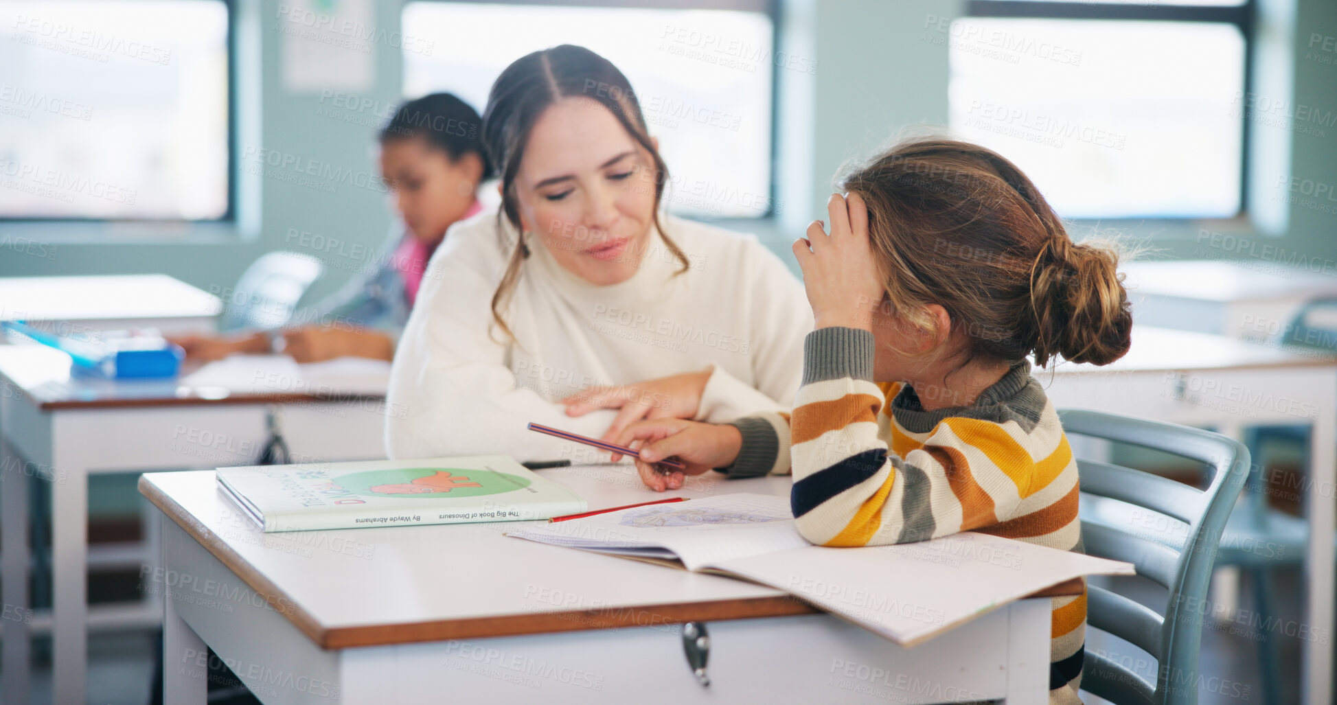 Buy stock photo Teacher, student and child with help in classroom, task assistance and advice for academic development. Learning, educator and boy with syllabus support for knowledge, education or teaching in school