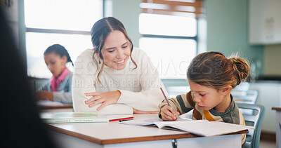 Buy stock photo Educator, students or child with help in classroom, task assistance or advice for academic development. Learning, happy teacher or boy with syllabus support for knowledge, education or writing answer