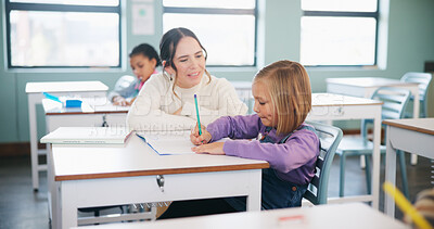 Buy stock photo Teacher, students or girl with help in classroom, task assistance or advice for academic development. Learning, educator or child with syllabus support for knowledge, education or writing in notebook