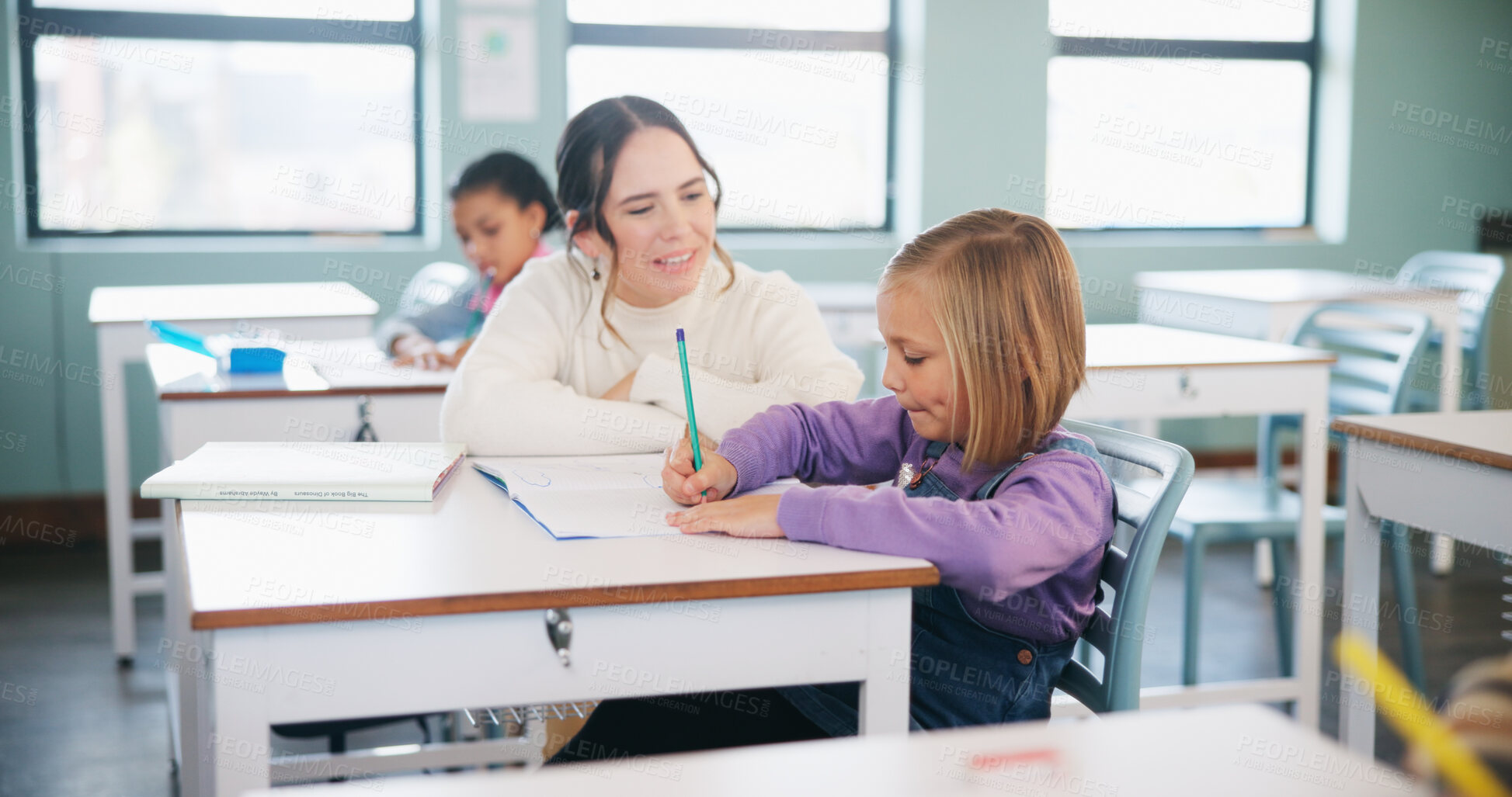 Buy stock photo Teacher, students or girl with help in classroom, task assistance or advice for academic development. Learning, educator or child with syllabus support for knowledge, education or writing in notebook