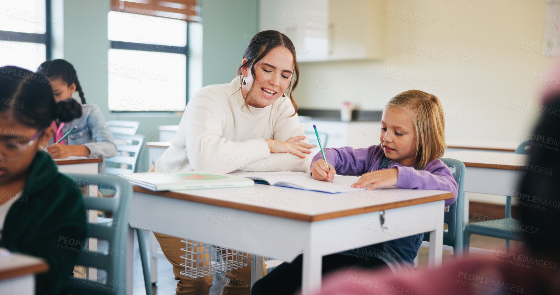 Buy stock photo Teacher, writing or child with help in classroom, task assistance or advice for academic development. Teaching, educator or girl with syllabus support for knowledge, education or learning in school