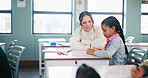Teacher, writing or girl with help in classroom, task assistance or advice for academic development. Teaching, educator or child with syllabus support for knowledge, education or learning in school