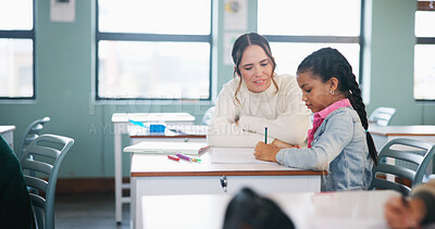 Buy stock photo Teacher, writing or girl with help in classroom, task assistance or advice for academic development. Teaching, educator or child with syllabus support for knowledge, education or learning in school