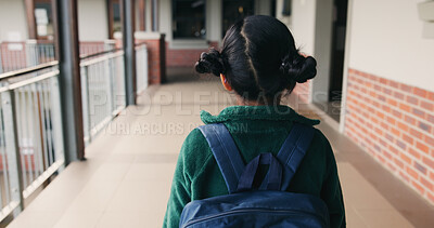 Buy stock photo Back, student and walking with girl child outdoor at academy for development or education. Future, growth and study with kid on campus of elementary school for start of curriculum, backpack or term