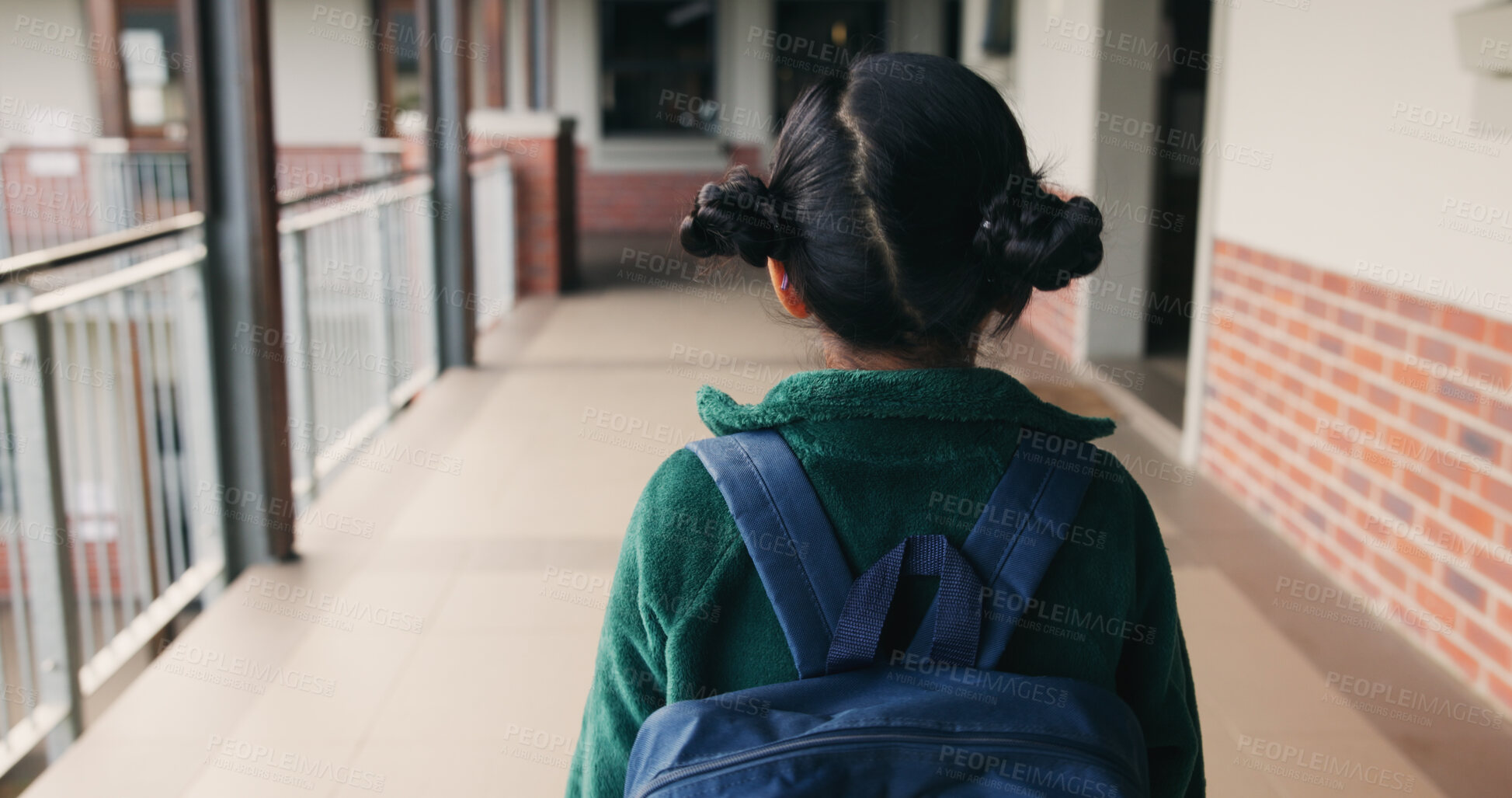 Buy stock photo Back, student and walking with girl child outdoor at academy for development or education. Future, growth and study with kid on campus of elementary school for start of curriculum, backpack or term
