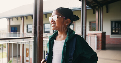 Buy stock photo School, happy and girl student in backpack for education, learning or thinking of knowledge. Smile, outdoor and intelligent child with vision and bag for development, growth and ready for lesson