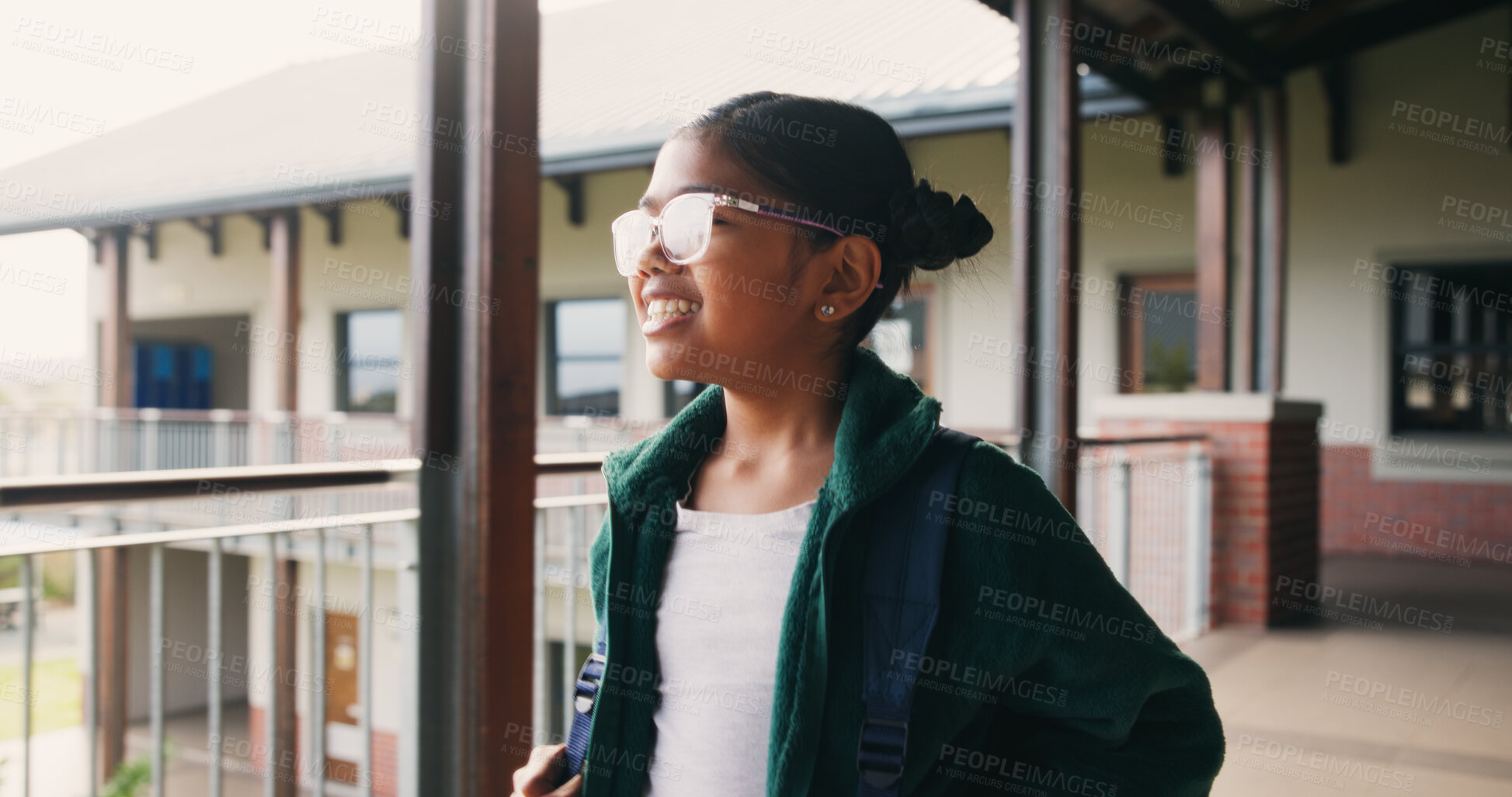Buy stock photo School, happy and girl student in backpack for education, learning or thinking of knowledge. Smile, outdoor and intelligent child with vision and bag for development, growth and ready for lesson