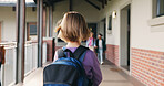 Back, growth and walking with girl child outdoor at academy for development or education. Future, student and study with kid on campus of elementary school for start of curriculum, syllabus or term