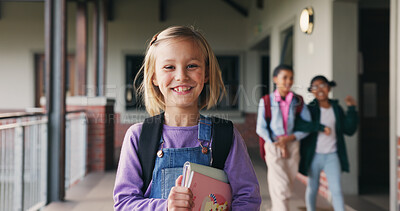 Buy stock photo Outdoor, child and student with books at school, learning and confident with academic development. Learner, portrait and kid with backpack for cognitive growth, education and pride for knowledge