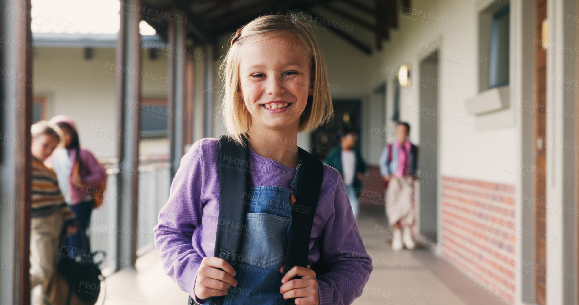 Buy stock photo Child, portrait and student with backpack at school, learning or confident with academic development. Learner, outdoor and kid with smile for cognitive growth, education and pride for knowledge