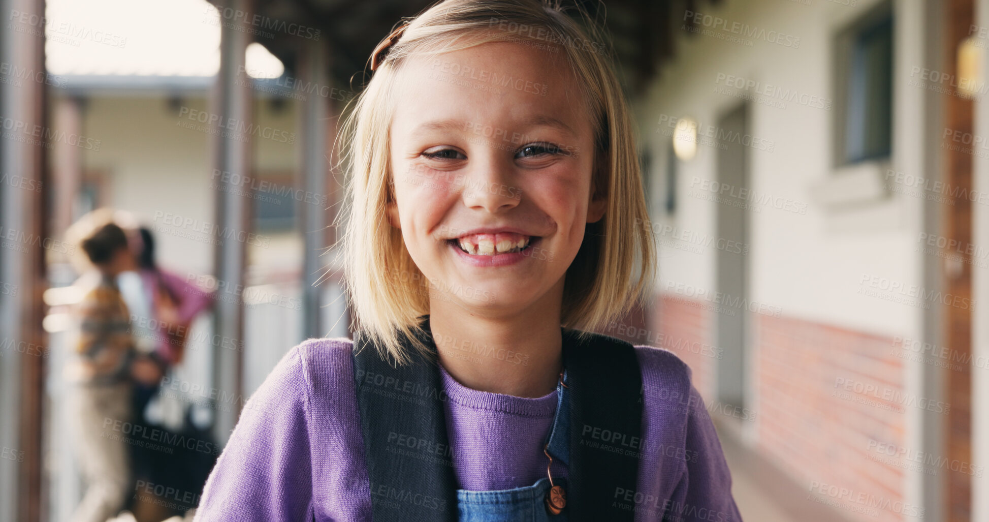 Buy stock photo Outdoor, portrait and child with backpack at school, learning or confident with academic development. Learner, laughing and kid with smile for cognitive growth, education and excited for knowledge