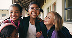 Outdoor, education and children with backpack at school, learning or happy with academic development. Students, laughing and kids with smile for cognitive growth, portrait and bonding with friends