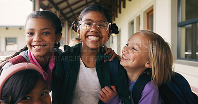 Buy stock photo Outdoor, education and children with backpack at school, learning or happy with academic development. Students, laughing and kids with smile for cognitive growth, portrait and bonding with friends