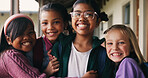 Outdoor, portrait and children with backpack for education, learn or happy with academic development. School, students and kids with smile for cognitive growth, laughing and bonding with friends