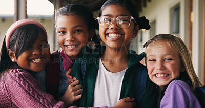 Buy stock photo Outdoor, portrait and children with backpack for education, learn or happy with academic development. School, students and kids with smile for cognitive growth, laughing and bonding with friends