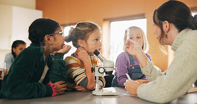 Buy stock photo Education, science and test tube with children in classroom for development or learning. Experiment, microscope and sample with teacher speaking to student kids at school for research or study