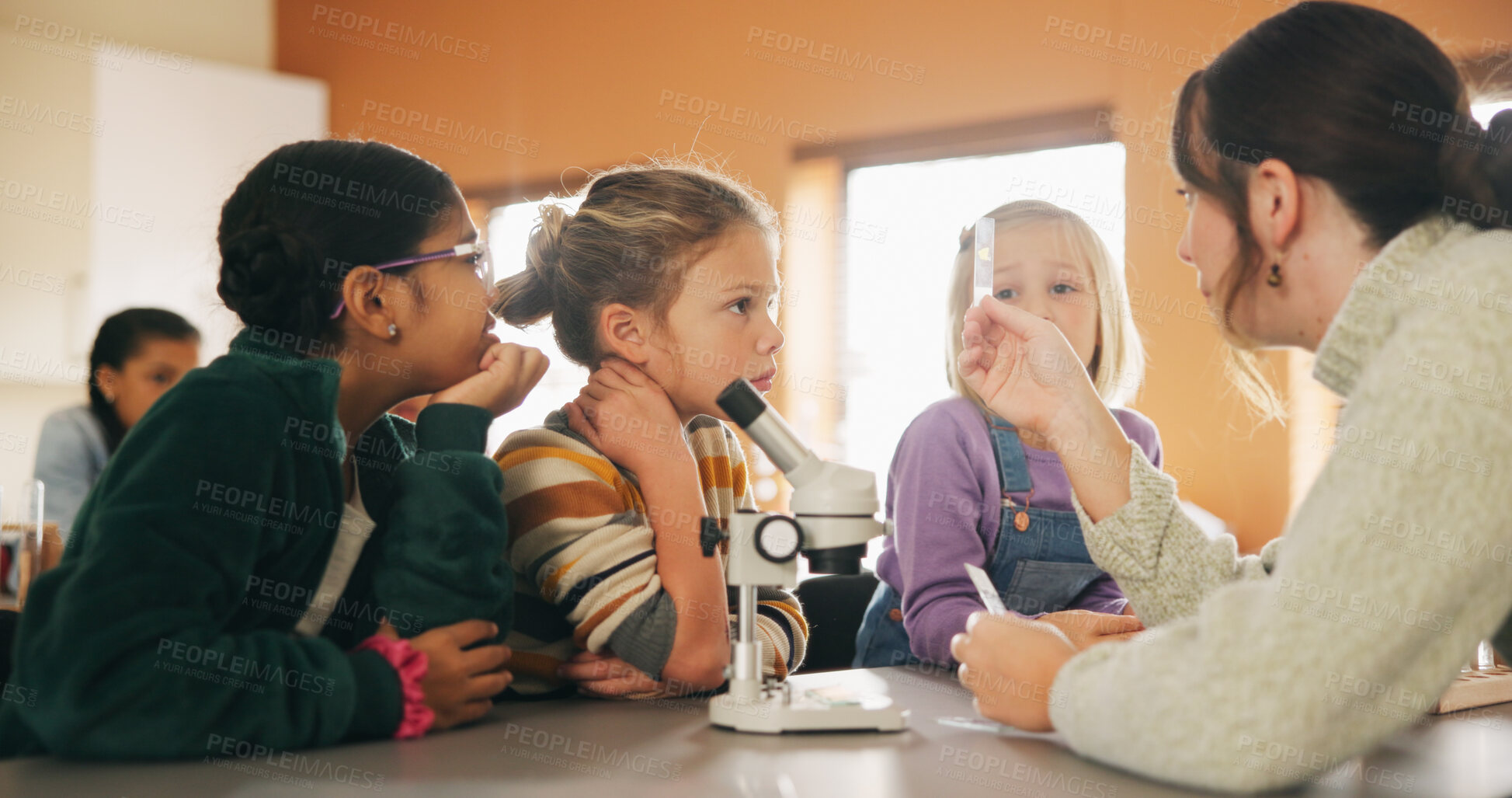 Buy stock photo Education, science and test tube with children in classroom for development or learning. Experiment, microscope and sample with teacher speaking to student kids at school for research or study