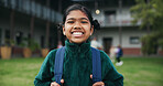 Outdoor, portrait and child with backpack for education, learning or confident with academic growth. Elementary school, student and girl with smile for cognitive development, space and knowledge