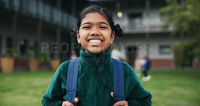Buy stock photo Outdoor, portrait and child with backpack for education, learning or confident with academic growth. Elementary school, student and girl with smile for cognitive development, pride and knowledge