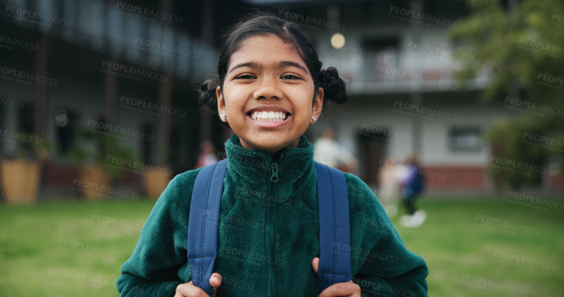Buy stock photo Outdoor, portrait and child with backpack for education, learning or confident with academic growth. Elementary school, student and girl with smile for cognitive development, pride and knowledge